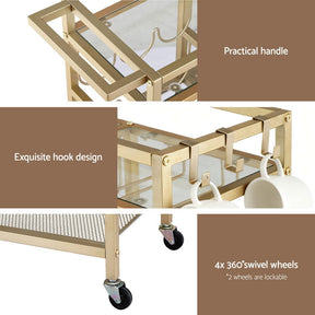 Artiss Bar Cart Drinks Trolley Serving Wine Rack Glass Holder 3 Hooks 72cm Gold - SportZone.co.nz