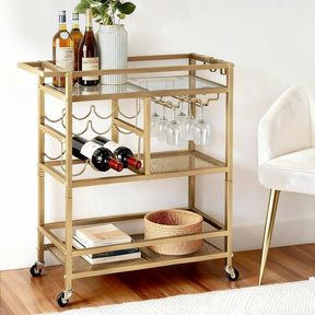 Artiss Bar Cart Drinks Trolley Serving Wine Rack Glass Holder 3 Hooks 72cm Gold - SportZone.co.nz