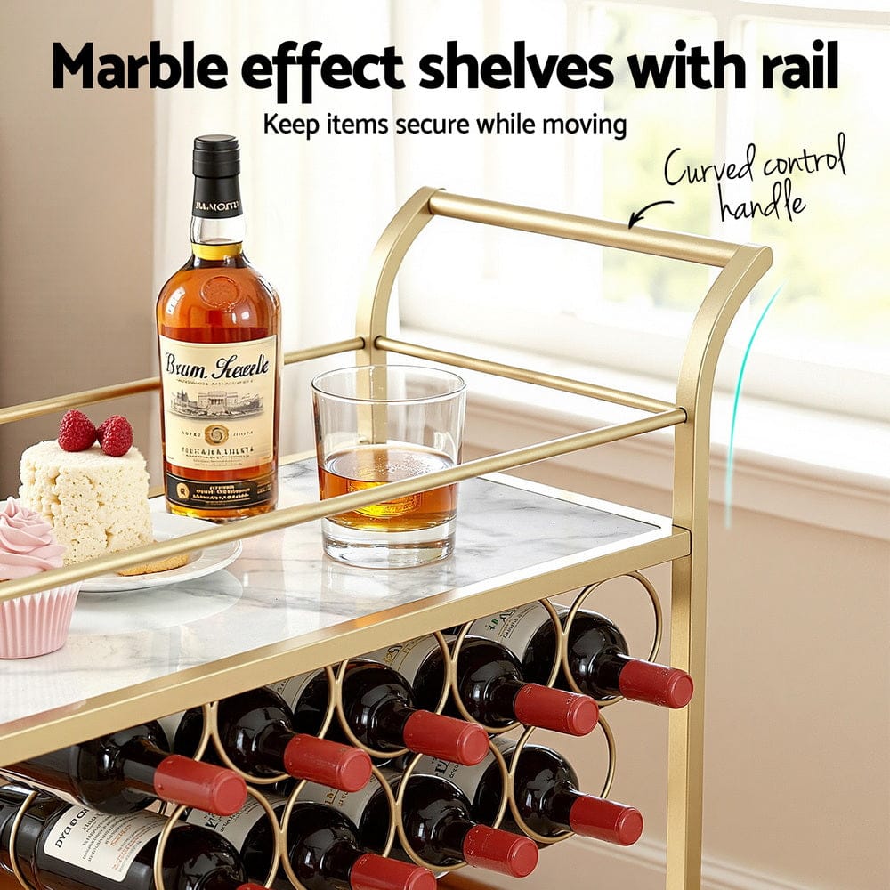 Artiss Bar Cart Drinks Trolley Serving Wine Rack Glass Holder Marble 85cm Gold - SportZone.co.nz