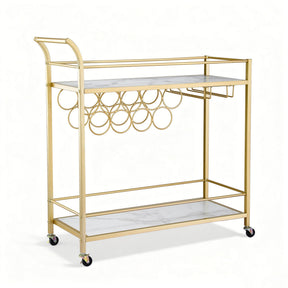 Artiss Bar Cart Drinks Trolley Serving Wine Rack Glass Holder Marble 85cm Gold - SportZone.co.nz