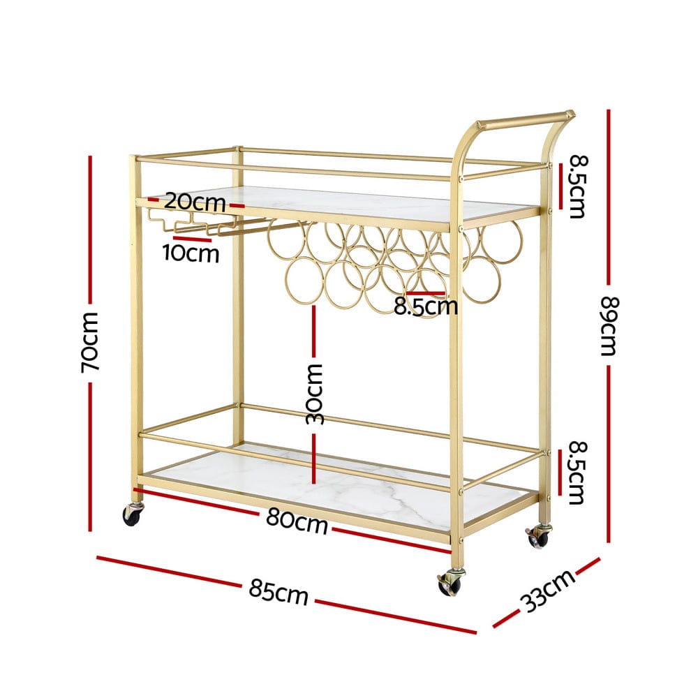 Artiss Bar Cart Drinks Trolley Serving Wine Rack Glass Holder Marble 85cm Gold - SportZone.co.nz