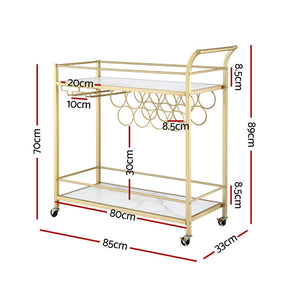 Artiss Bar Cart Drinks Trolley Serving Wine Rack Glass Holder Marble 85cm Gold - SportZone.co.nz