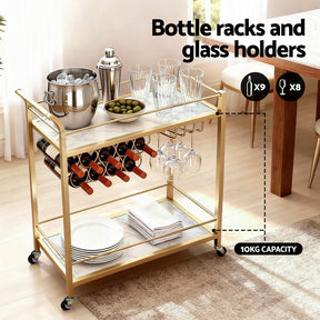 Artiss Bar Cart Drinks Trolley Serving Wine Rack Glass Holder Marble 85cm Gold - SportZone.co.nz