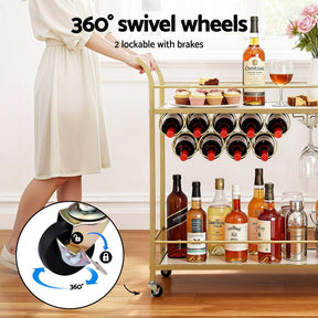 Artiss Bar Cart Drinks Trolley Serving Wine Rack Glass Holder Marble 85cm Gold - SportZone.co.nz