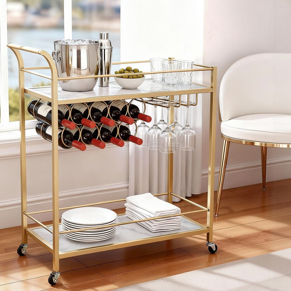 Artiss Bar Cart Drinks Trolley Serving Wine Rack Glass Holder Marble 85cm Gold - SportZone.co.nz