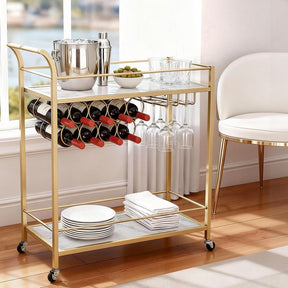 Artiss Bar Cart Drinks Trolley Serving Wine Rack Glass Holder Marble 85cm Gold - SportZone.co.nz