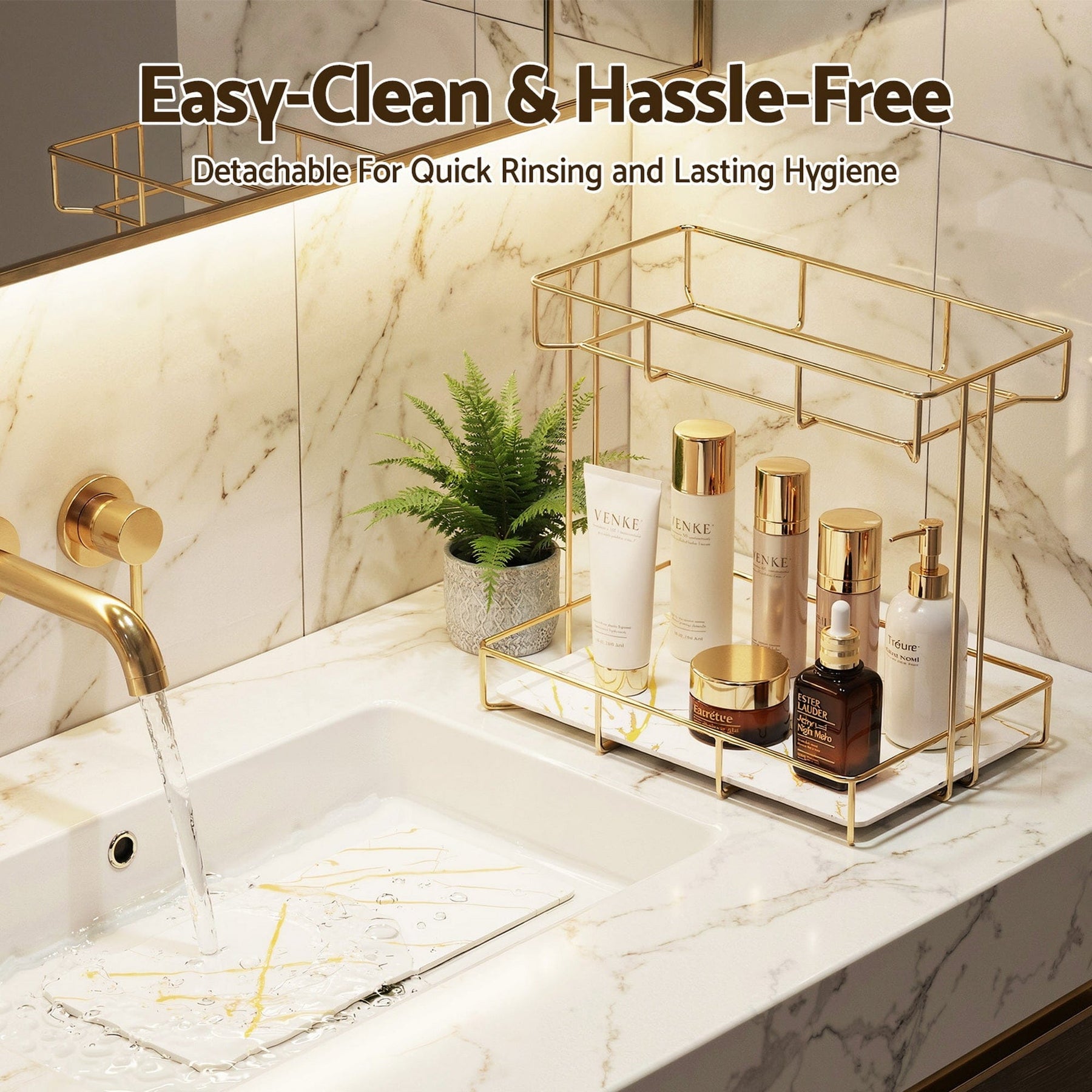 Artiss Bathroom Storage Rack 2 Tier Corner Organiser Gold Marble Look - SportZone.co.nz