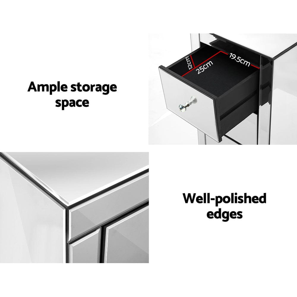 Artiss Bedside Table 3 Drawers Mirrored - QUENN Silver - SportZone.co.nz