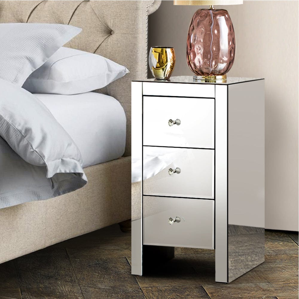 Artiss Bedside Table 3 Drawers Mirrored - QUENN Silver - SportZone.co.nz