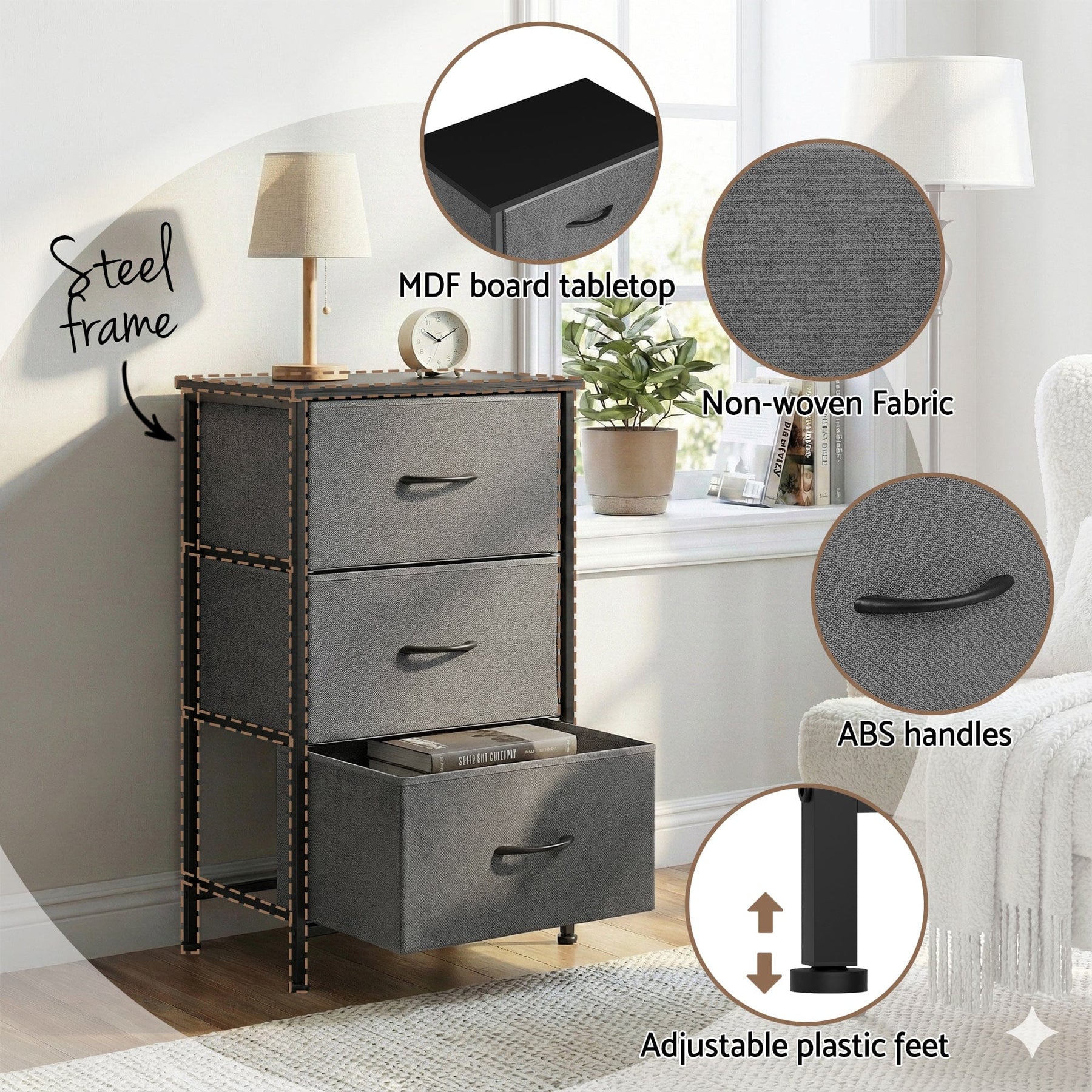 Artiss Chest of 3 Drawers Storage Dresser Tallboy Grey - SportZone.co.nz