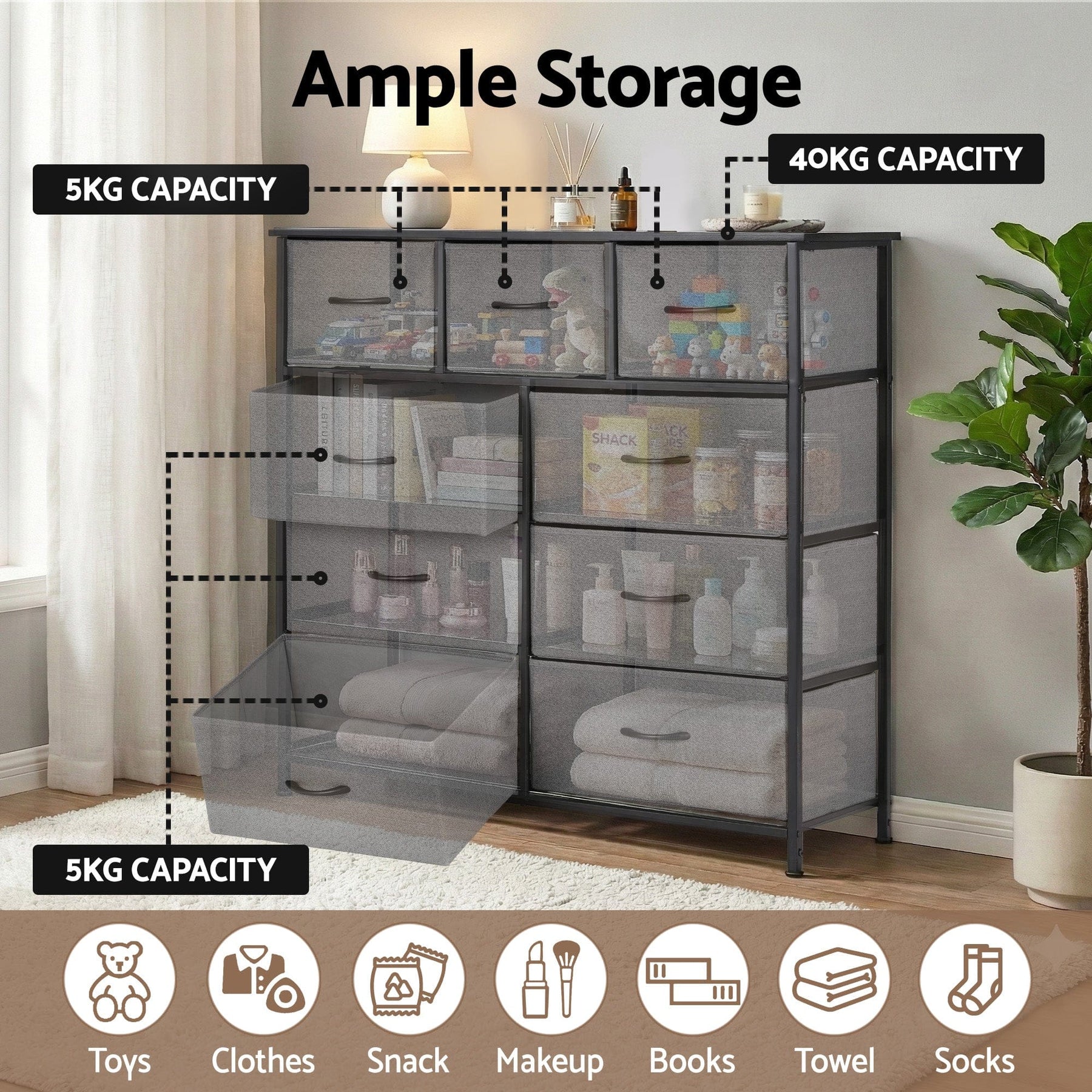 Artiss Chest of 9 Drawers Storage Dresser Tallboy Dark Grey - SportZone.co.nz