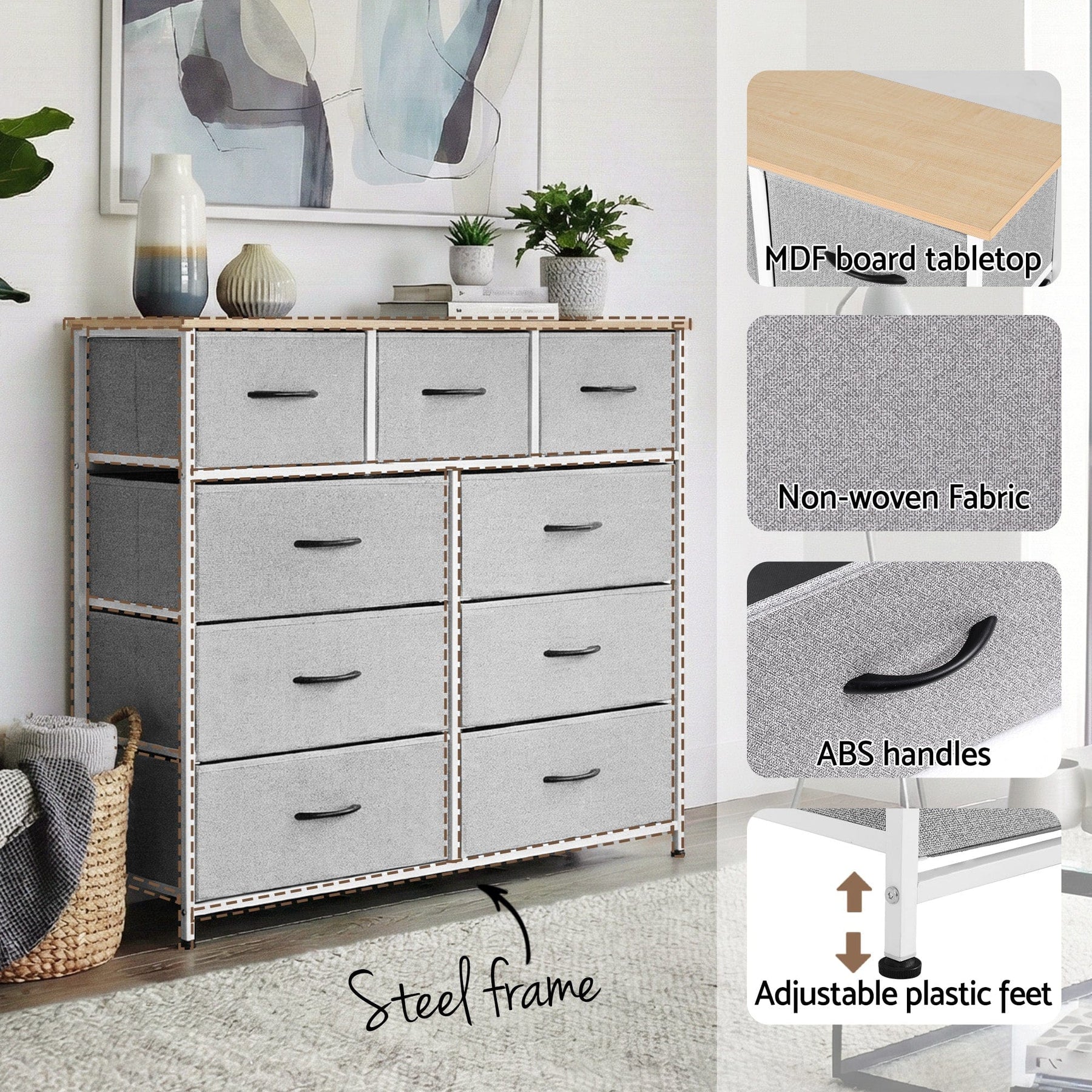 Artiss Chest of 9 Drawers Storage Dresser Tallboy Light Grey - SportZone.co.nz