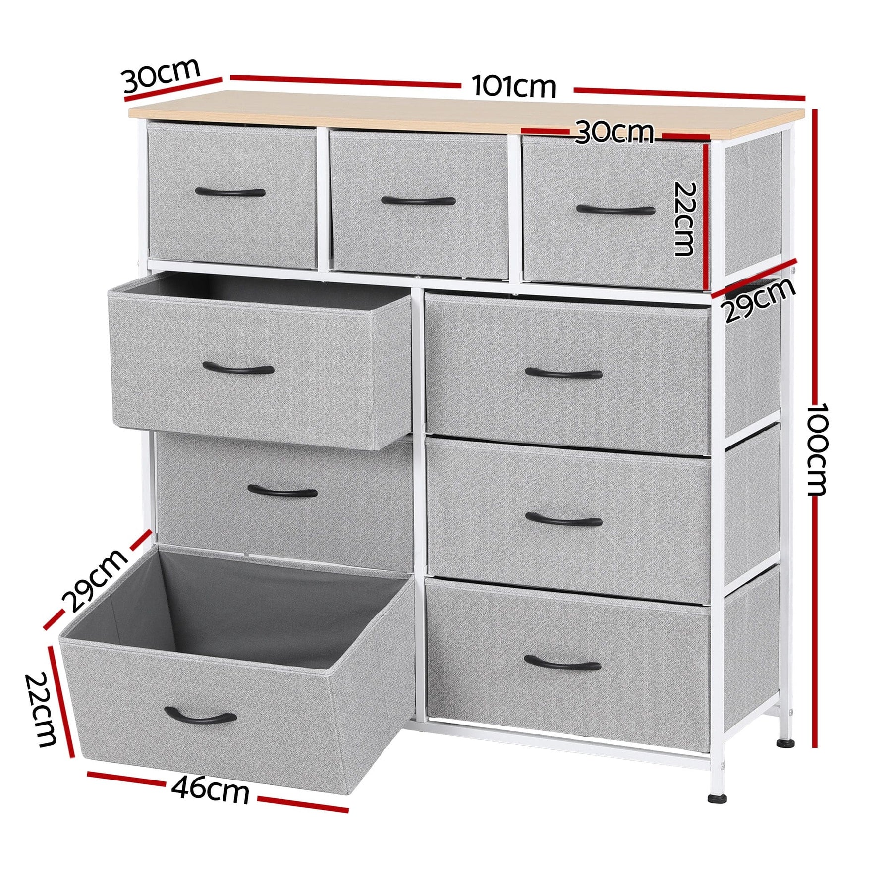 Artiss Chest of 9 Drawers Storage Dresser Tallboy Light Grey - SportZone.co.nz