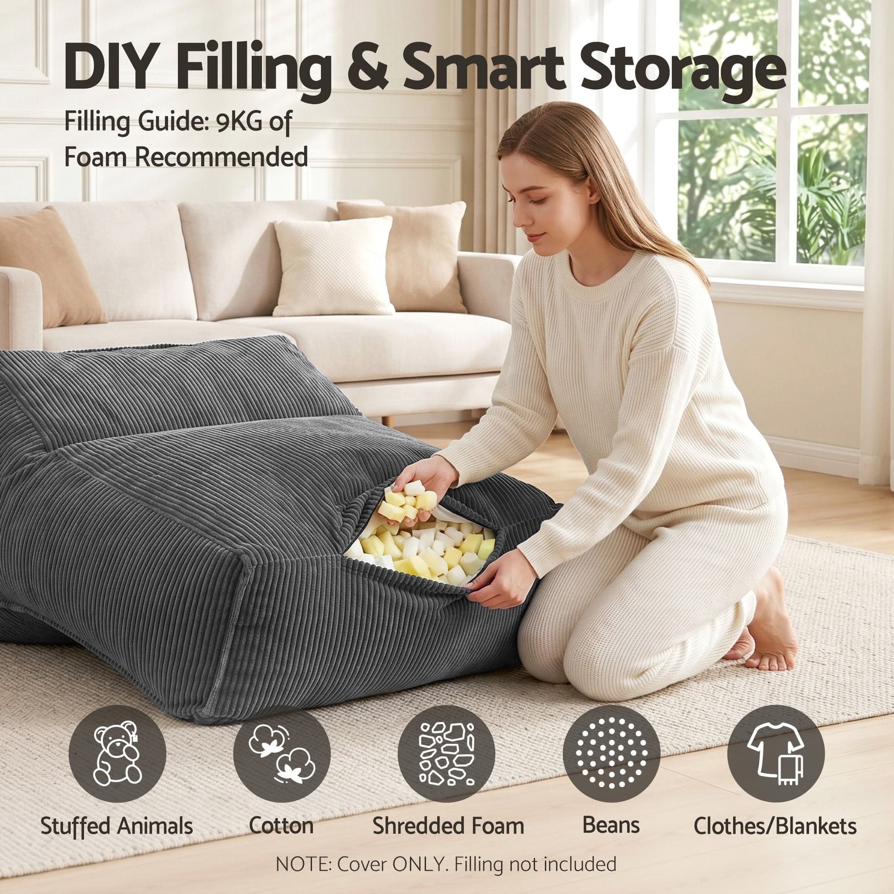 Artiss Corduroy Bean Bag Chair Cover Grey | Soft Washable Lazy Sofa Cover - SportZone.co.nz