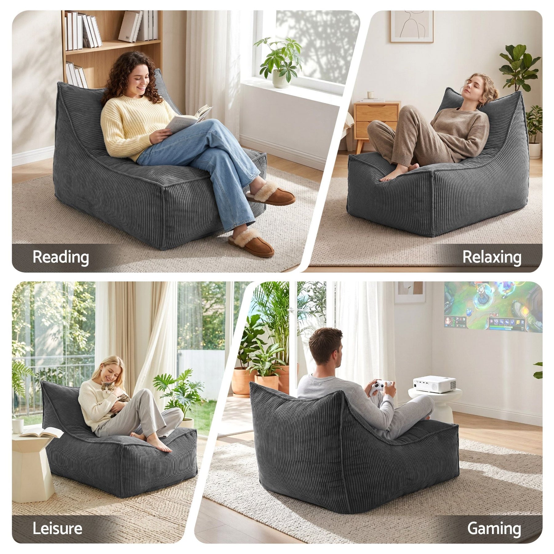Artiss Corduroy Bean Bag Chair Cover Grey | Soft Washable Lazy Sofa Cover - SportZone.co.nz