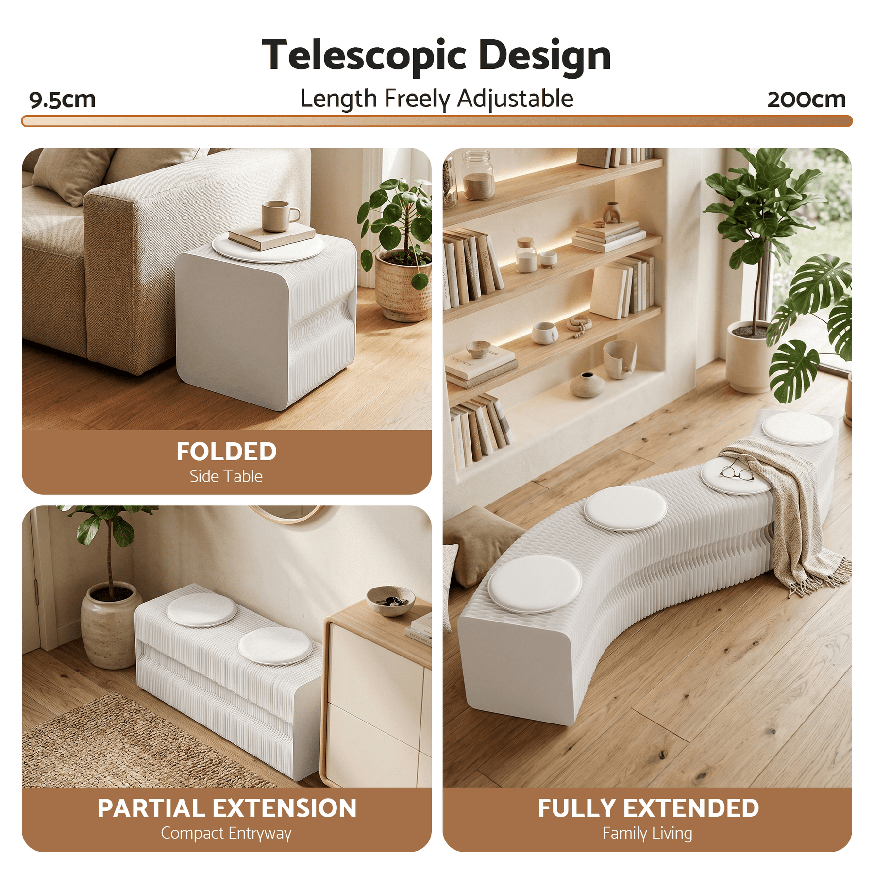 Artiss Folding Paper Bench With 4 PU Leather Seat Pads Expandable Accordion Stool For 4 Seats - SportZone.co.nz