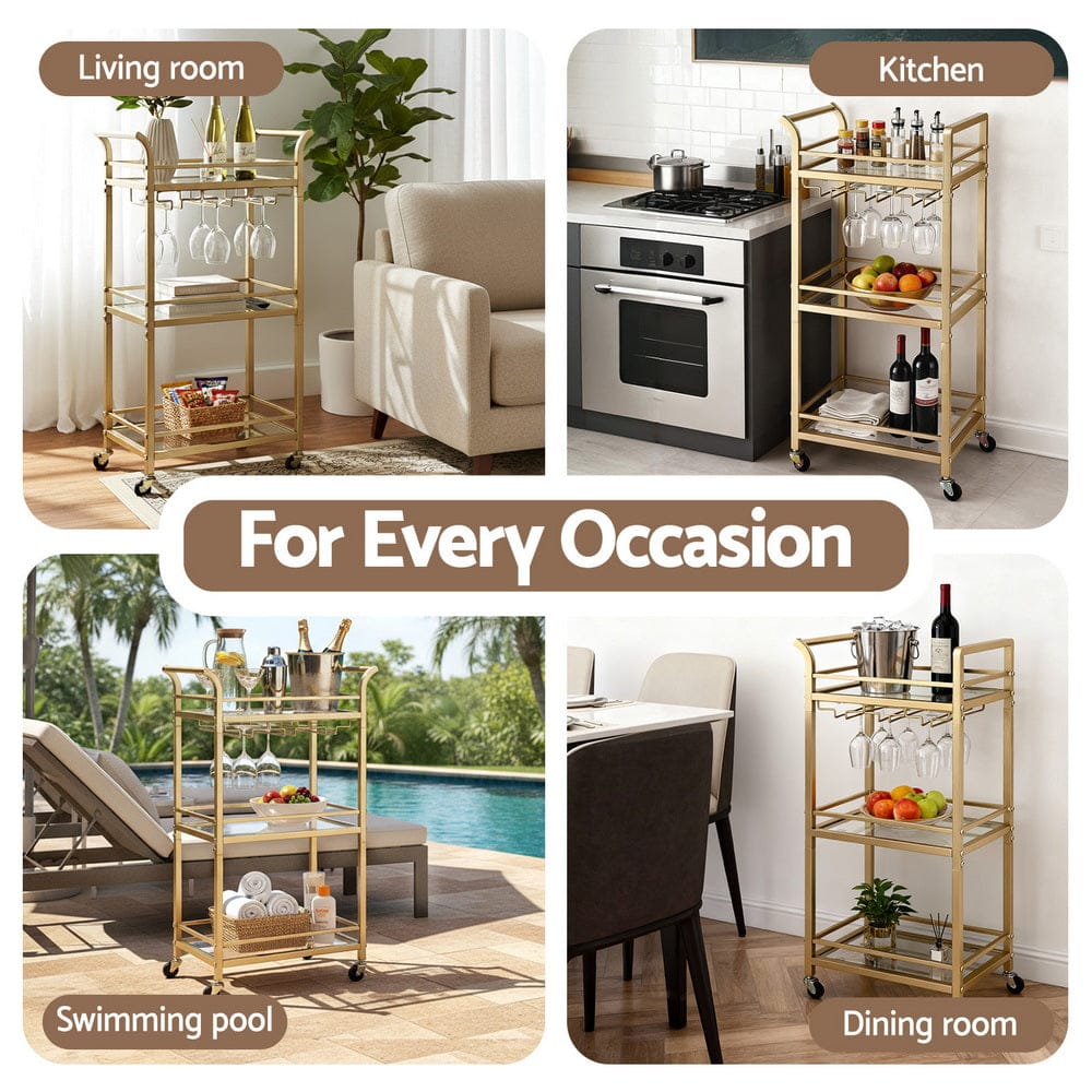 Artiss Kitchen Island Cart Trolley Rolling Serving Storage Wine Glass 43cm Gold - SportZone.co.nz