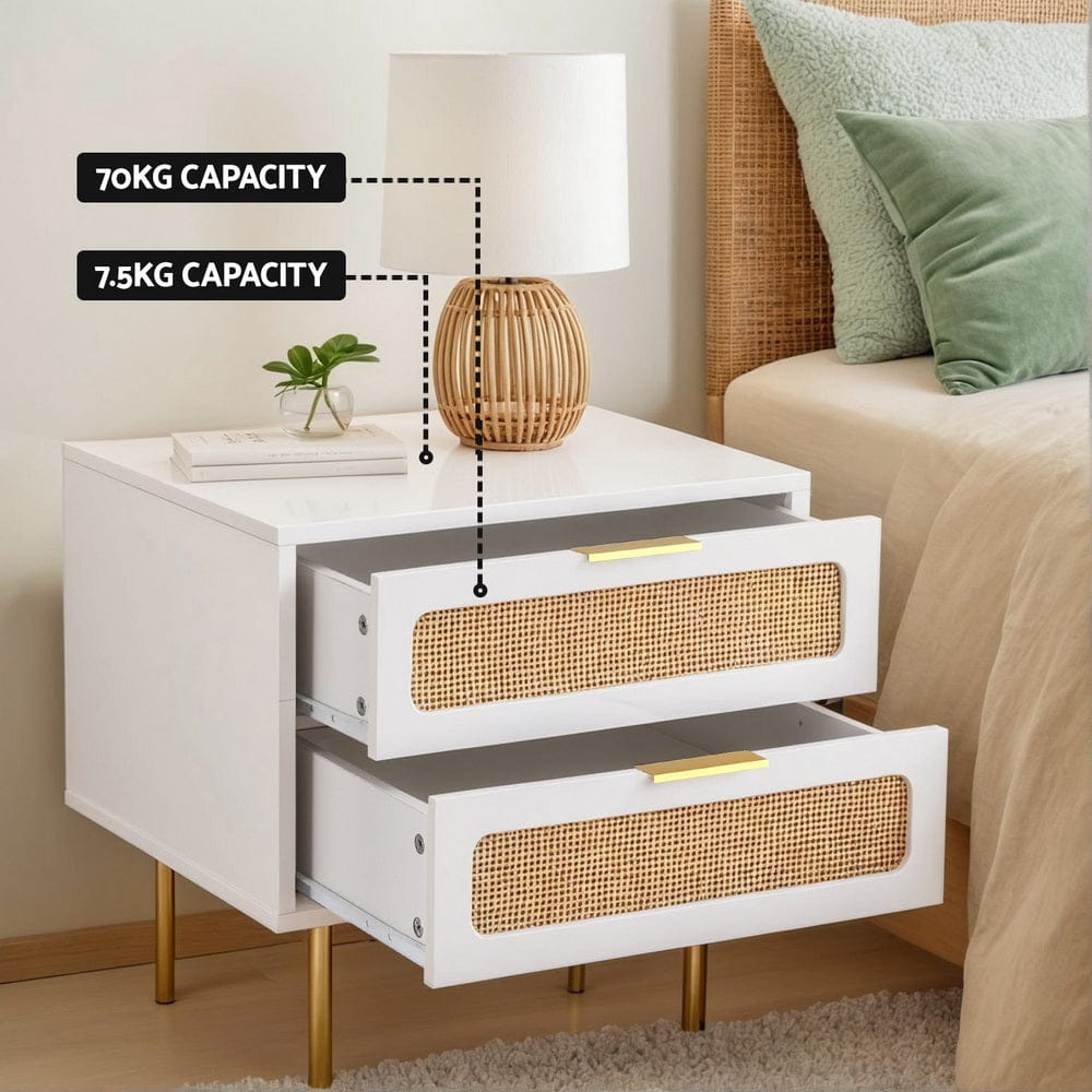 Artiss Rattan Bedside Table 2 Drawers Pine - SportZone.co.nz