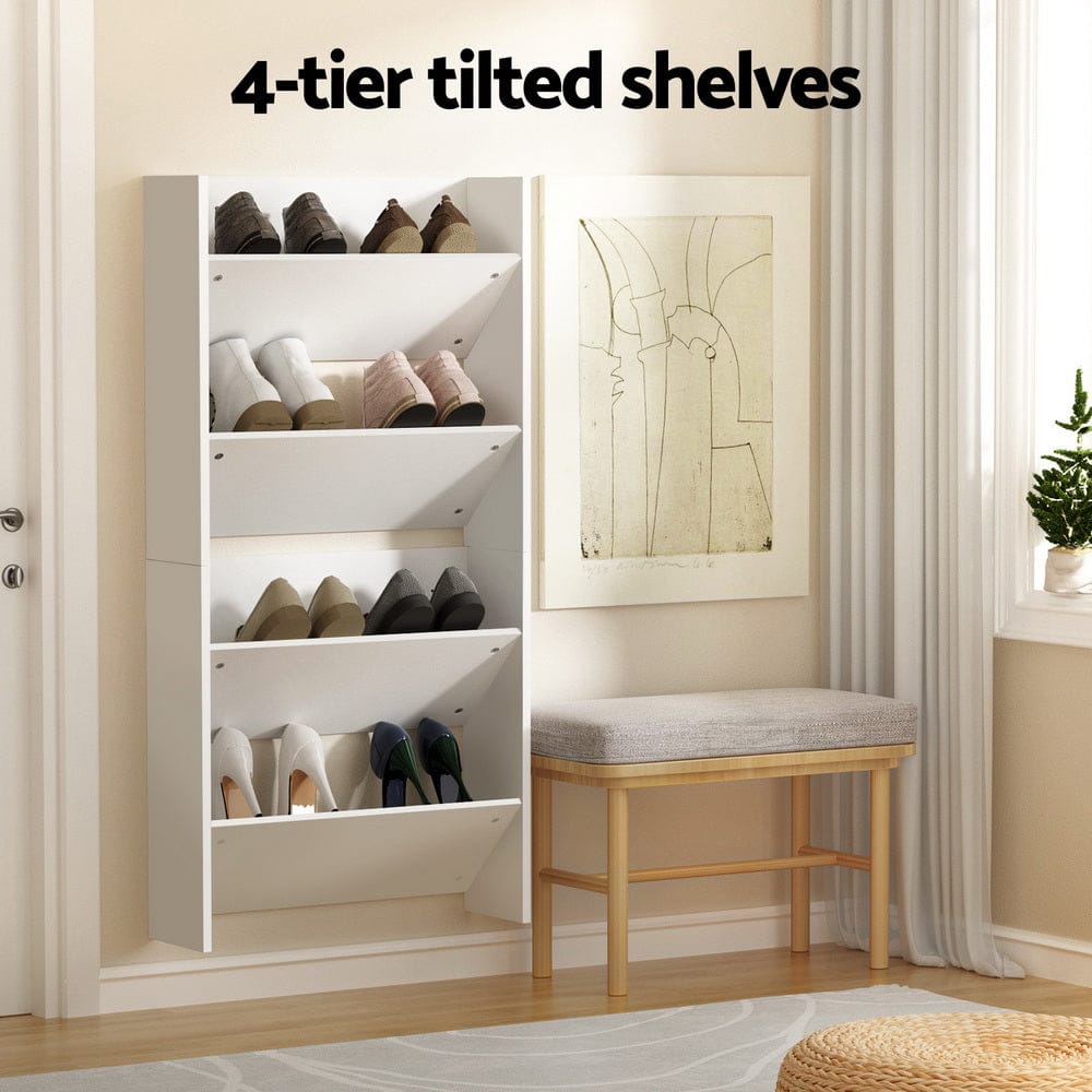 Artiss Shoe Rack 2 - tier 12 Pairs Wall Mounted x2 - White - SportZone.co.nz