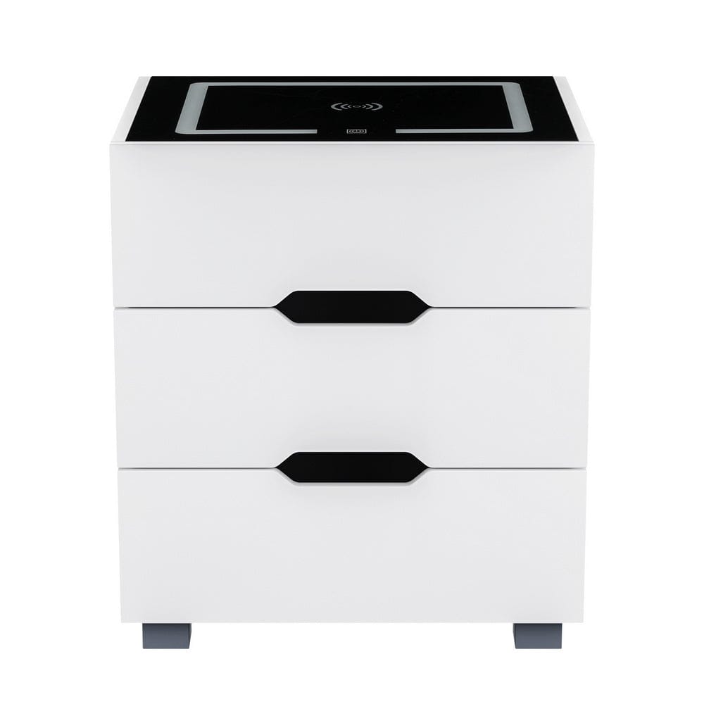 Artiss Smart Bedside Table 3 Drawers with Wireless Charging Ports LED White ADAD - SportZone.co.nz