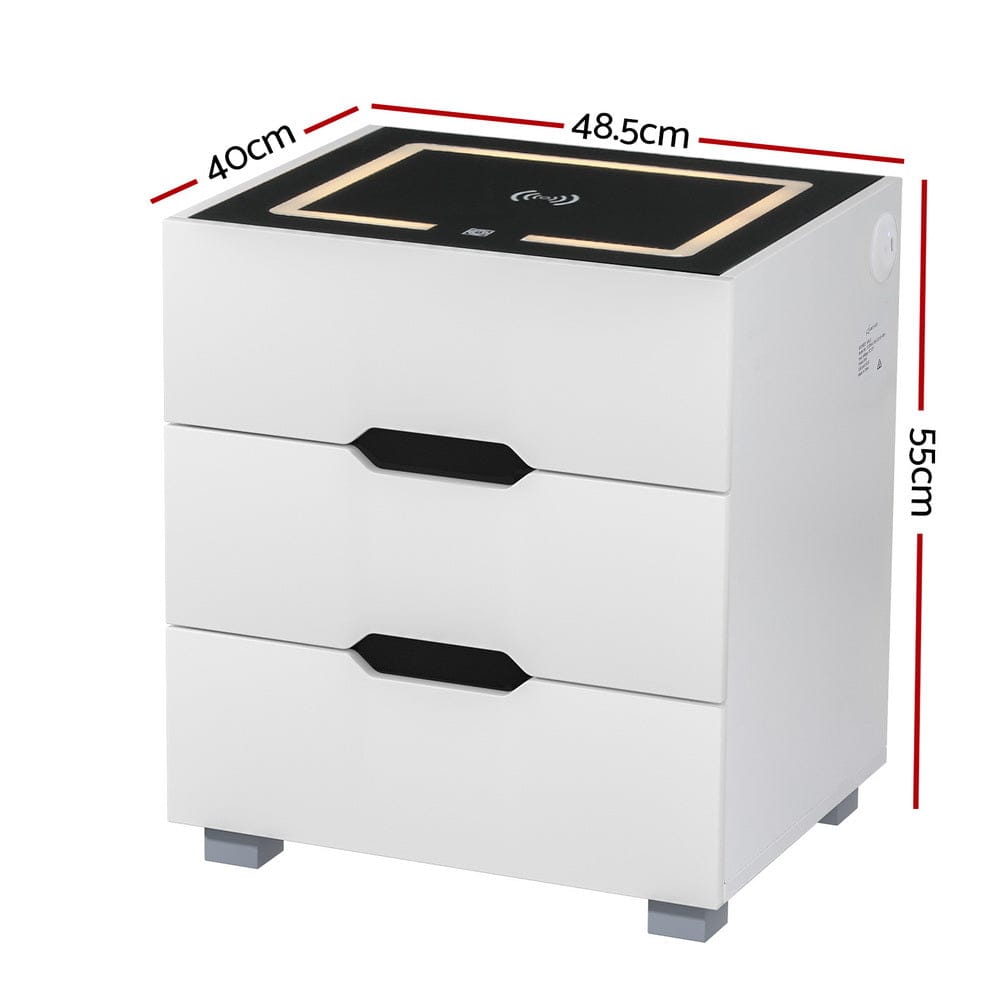 Artiss Smart Bedside Table 3 Drawers with Wireless Charging Ports LED White ADAD - SportZone.co.nz