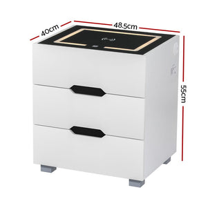Artiss Smart Bedside Table 3 Drawers with Wireless Charging Ports LED White ADAD - SportZone.co.nz
