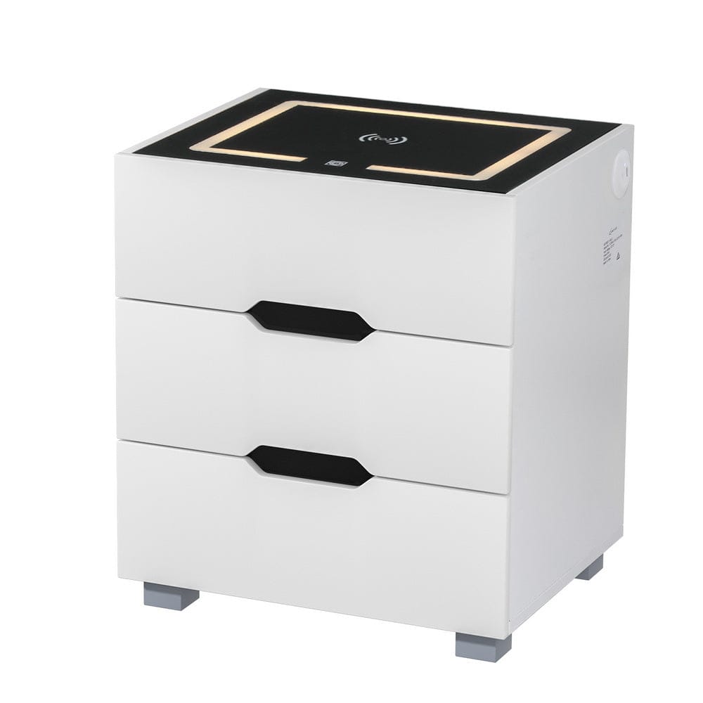 Artiss Smart Bedside Table 3 Drawers with Wireless Charging Ports LED White ADAD - SportZone.co.nz