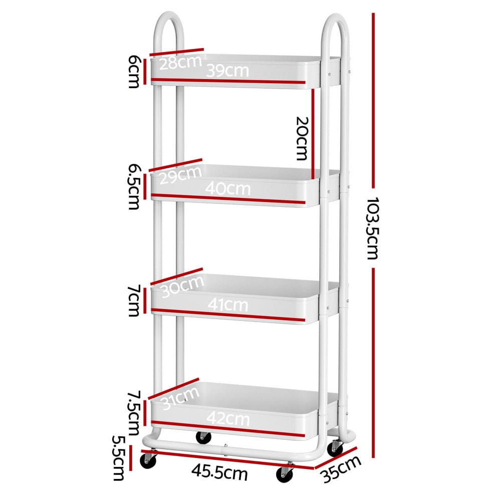 Artiss Storage Trolley Kitchen Cart 4 Tiers White - SportZone.co.nz