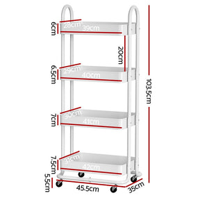 Artiss Storage Trolley Kitchen Cart 4 Tiers White - SportZone.co.nz