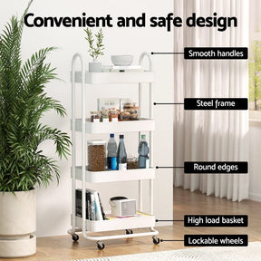 Artiss Storage Trolley Kitchen Cart 4 Tiers White - SportZone.co.nz