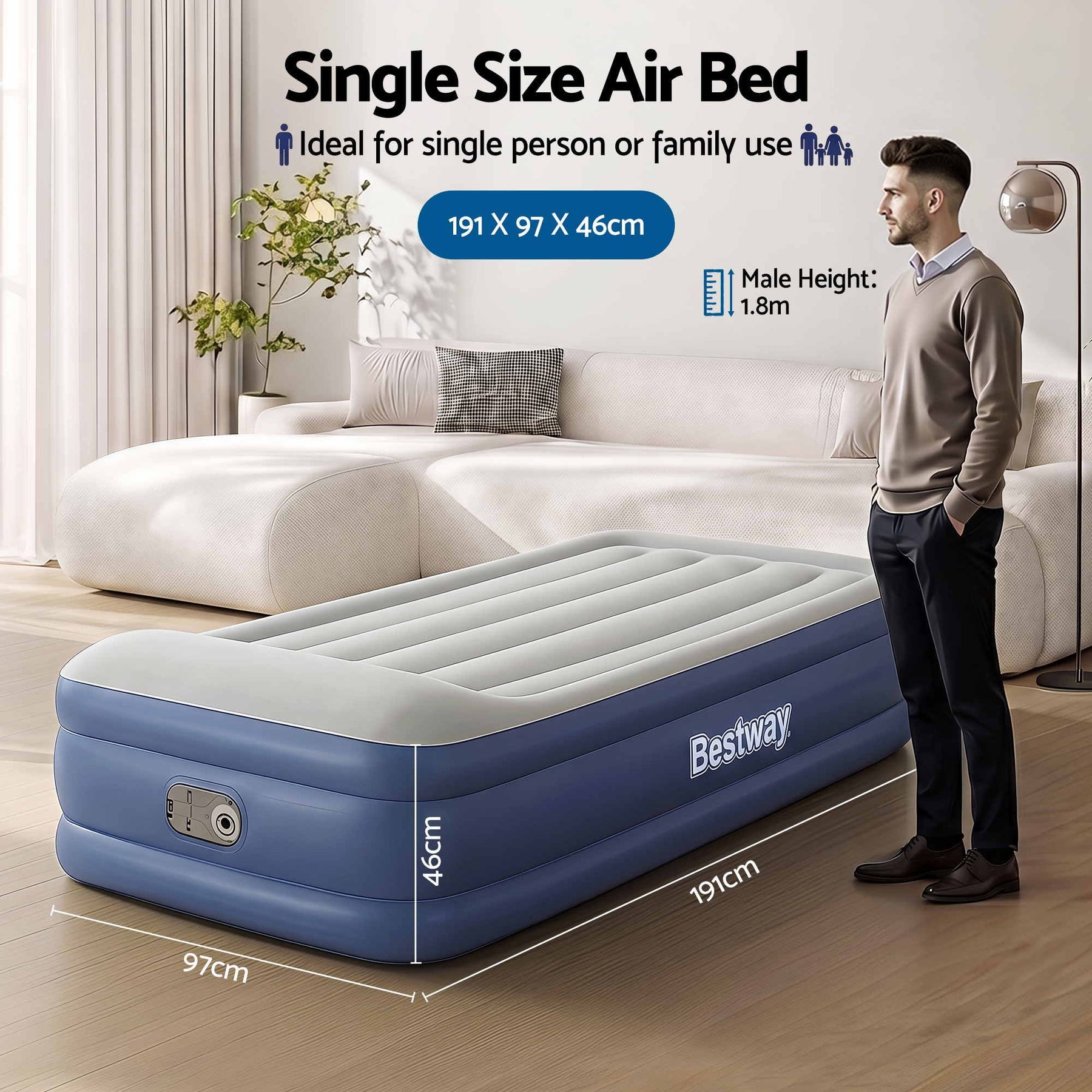 Bestway Air Mattress Inflatable Bed 46cm Airbed Single Blue - SportZone.co.nz