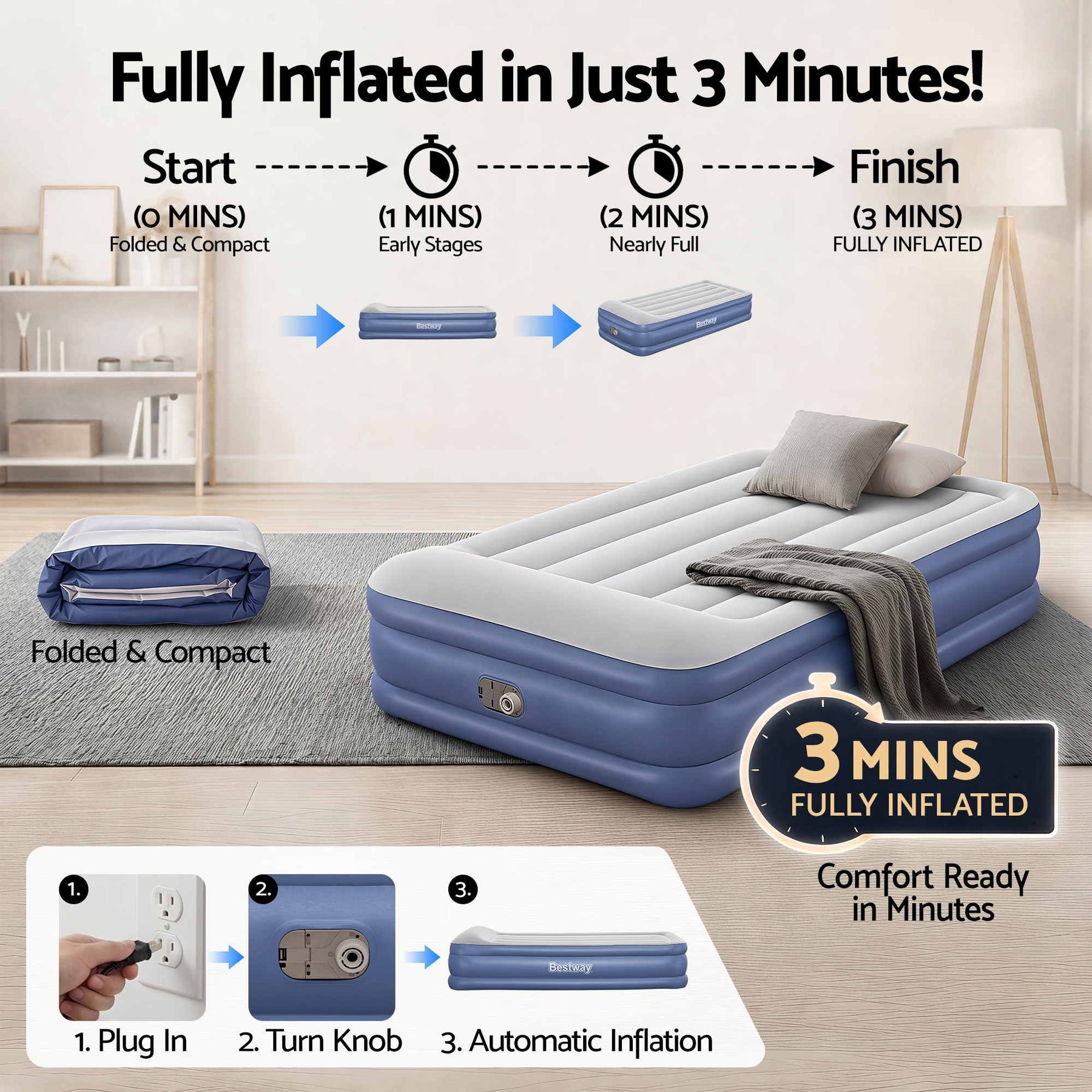 Bestway Air Mattress Inflatable Bed 46cm Airbed Single Blue - SportZone.co.nz