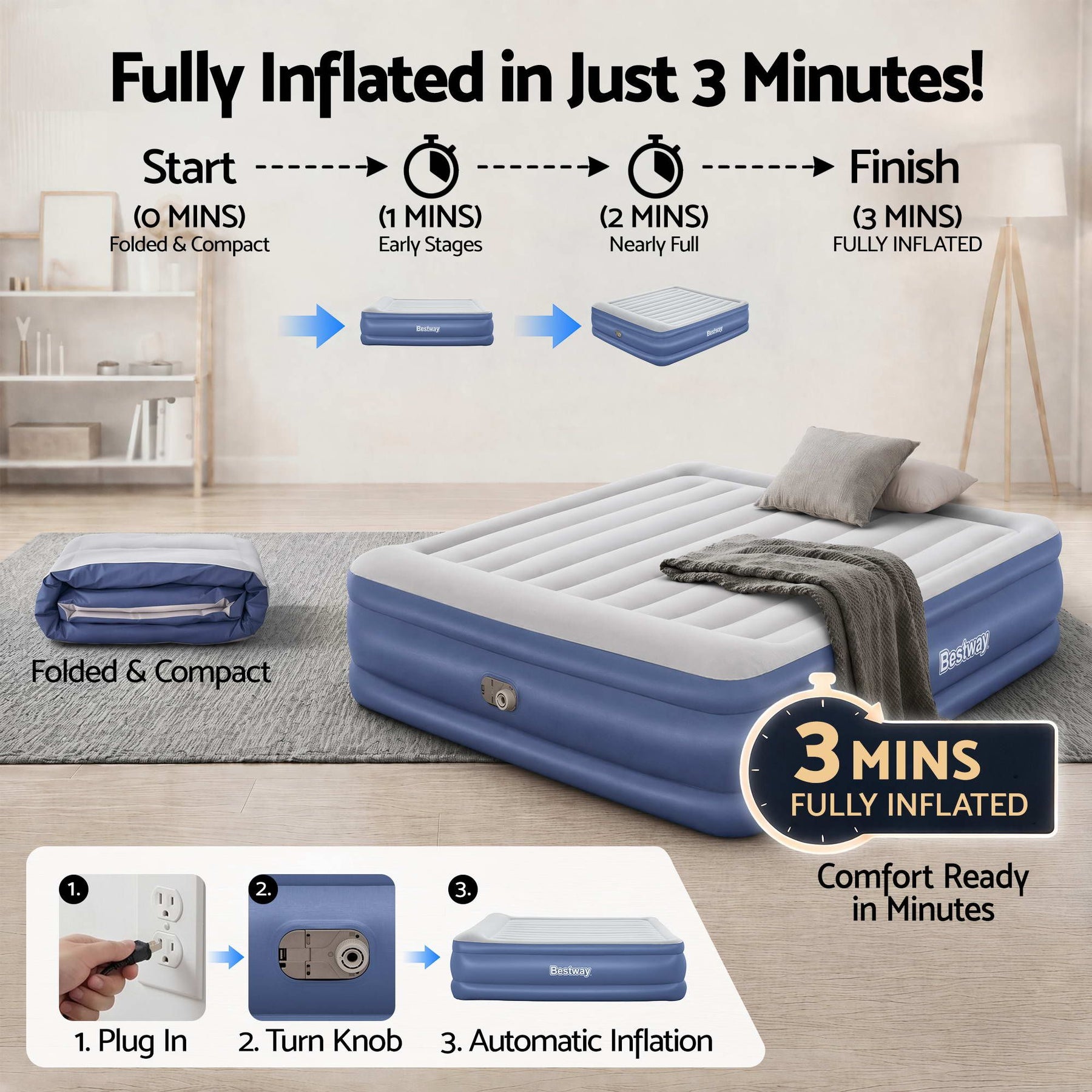 Bestway Air Mattress King Inflatable Bed 56cm Airbed Blue - SportZone.co.nz