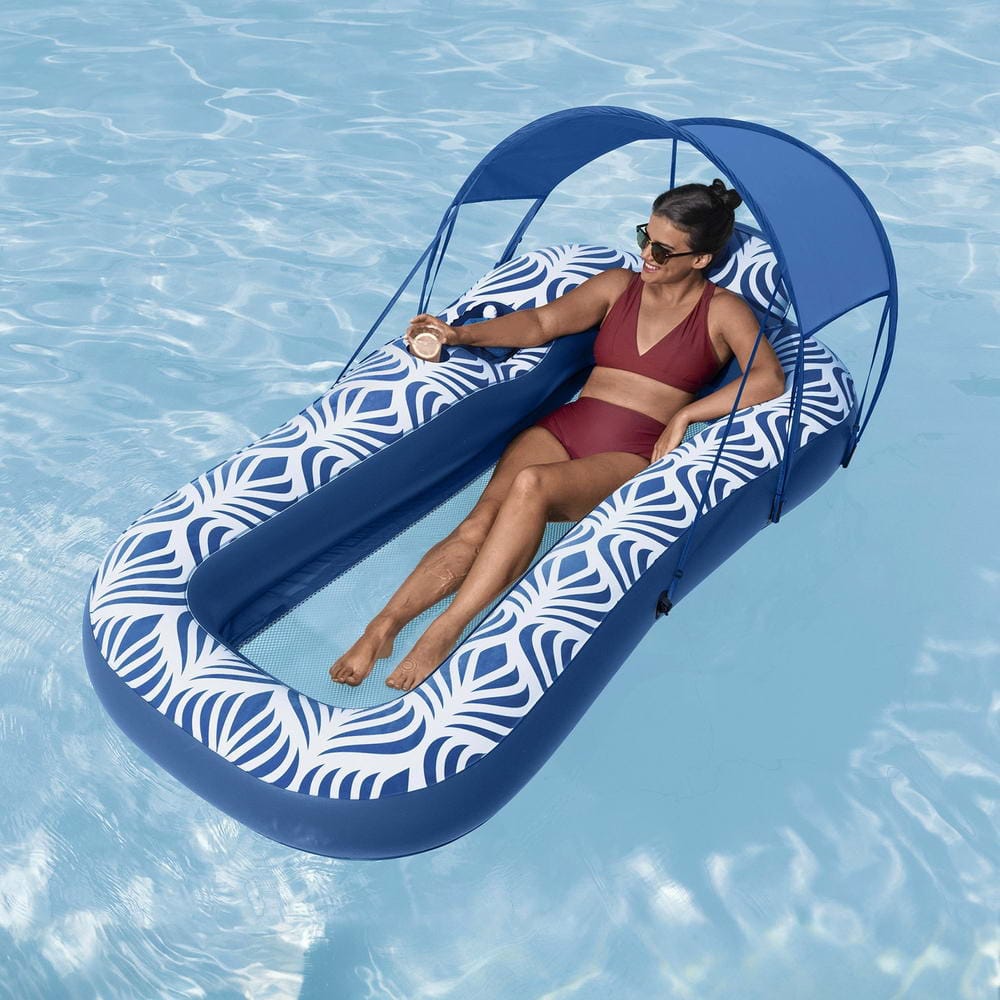 Bestway Inflatable Floating Float Lounger with Sunshade Canopy 1.98Mx1.12M Blue - SportZone.co.nz