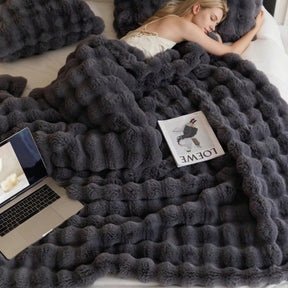 Black Grey Luxury Tuscany Fleece Rabbit Fur Bubble Blanket (180 x 200 CM) - Double - Sided Thickened Soft Plush Bedding & Large Bed Blanket - SportZone.co.nz