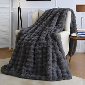 Black Grey Luxury Tuscany Fleece Rabbit Fur Bubble Blanket (180 x 200 CM) - Double - Sided Thickened Soft Plush Bedding & Large Bed Blanket - SportZone.co.nz