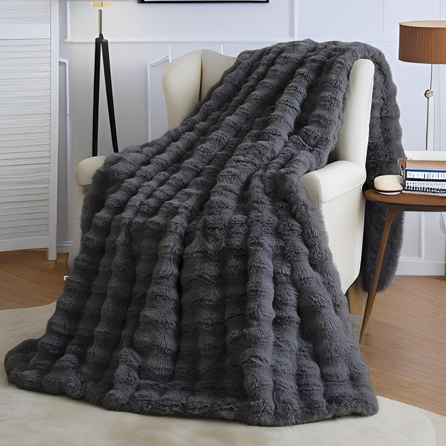 Black Grey Luxury Tuscany Fleece Rabbit Fur Bubble Blanket (180 x 200 CM) - Double - Sided Thickened Soft Plush Bedding & Large Bed Blanket - SportZone.co.nz