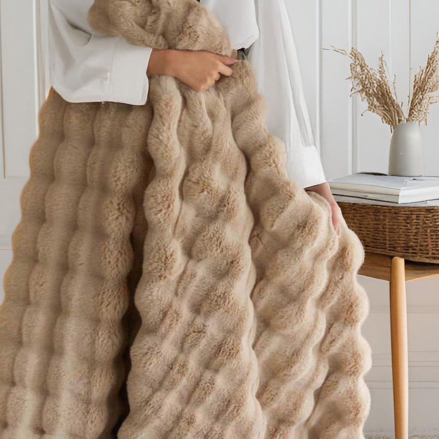 Brown Luxury Tuscany Fleece Rabbit Fur Bubble Blanket (200 x 230 CM) - Double - Sided Thickened Soft Plush Bedding & Extra Large Bed Blanket - SportZone.co.nz