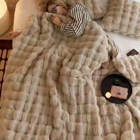 Brown Luxury Tuscany Fleece Rabbit Fur Bubble Blanket - Double - Sided Thickened Soft Plush Extra Large Bedding Set(200x230 CM Large Blanket + 2 Pack 45x45 CM Cushion Cover) - SportZone.co.nz