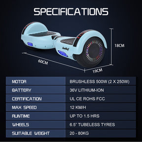 BULLET SX-2000 500W Self Balancing Hoverboard Scooter with LED Lights - Mint Green - SportZone.co.nz