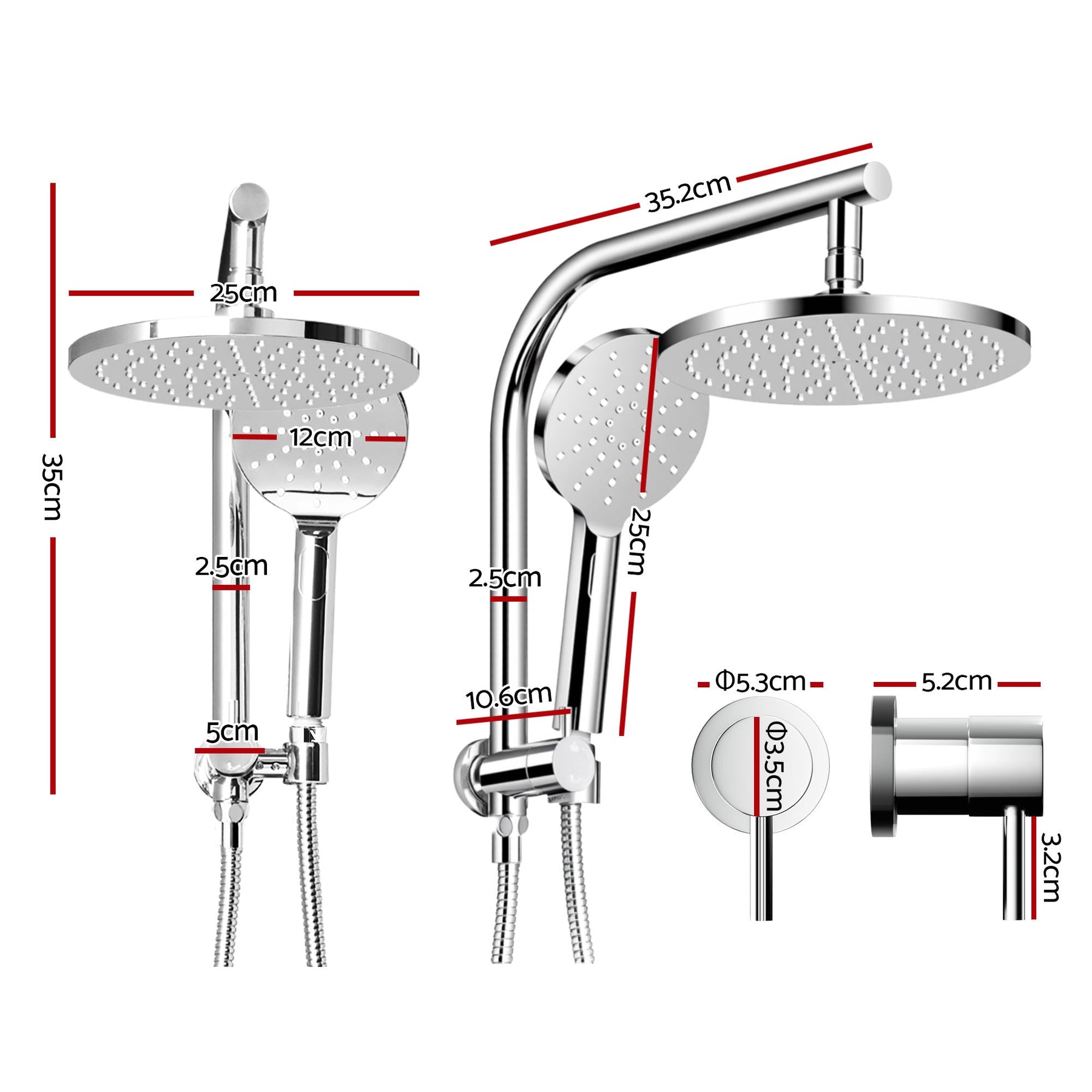 Cefito 9'' Rain Shower Head Set Handheld Round High Pressure Twins Tap Chrome - SportZone.co.nz