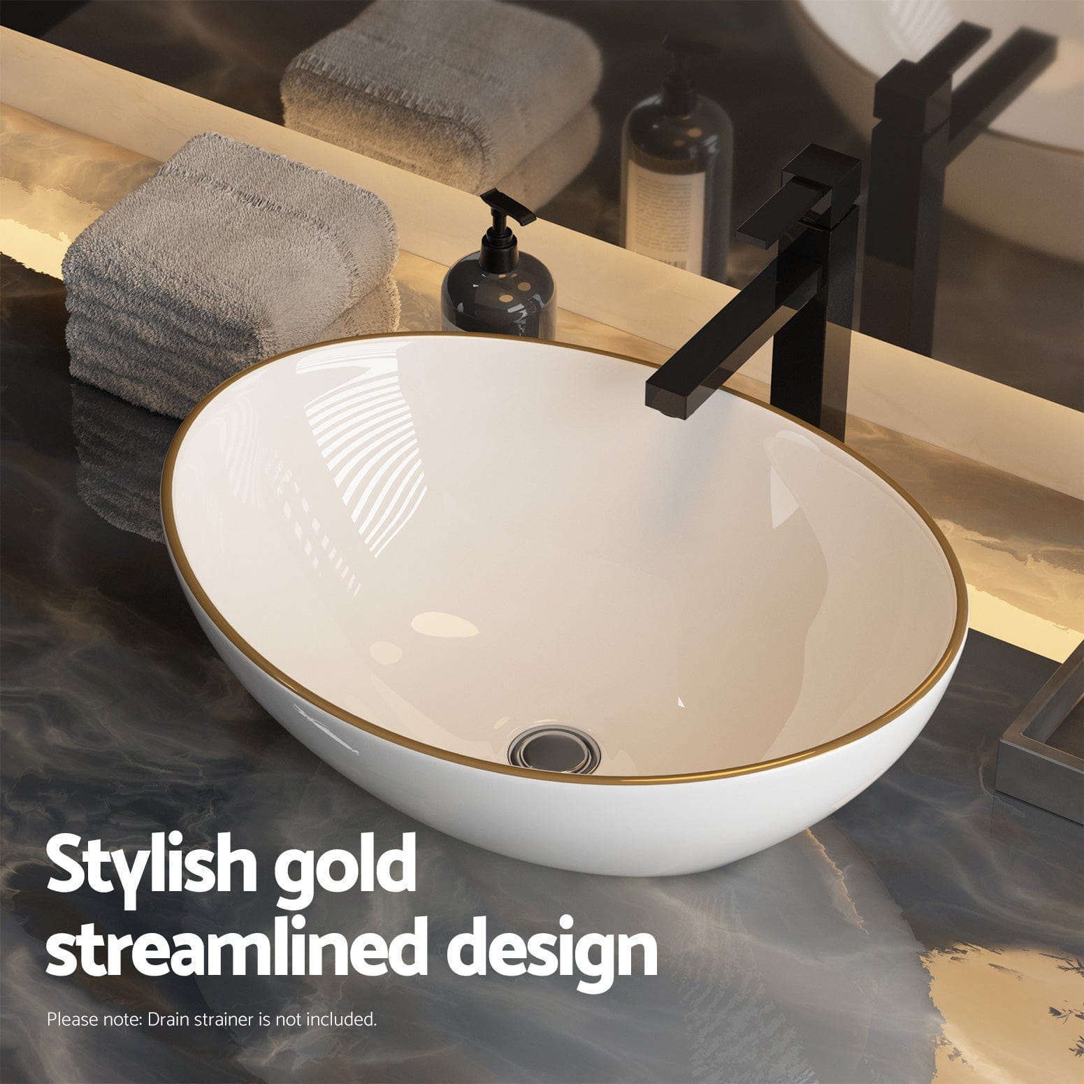 Cefito Bathroom Basin Ceramic Vanity Sink Hand Wash Bowl Gold Line 41x34cm - SportZone.co.nz