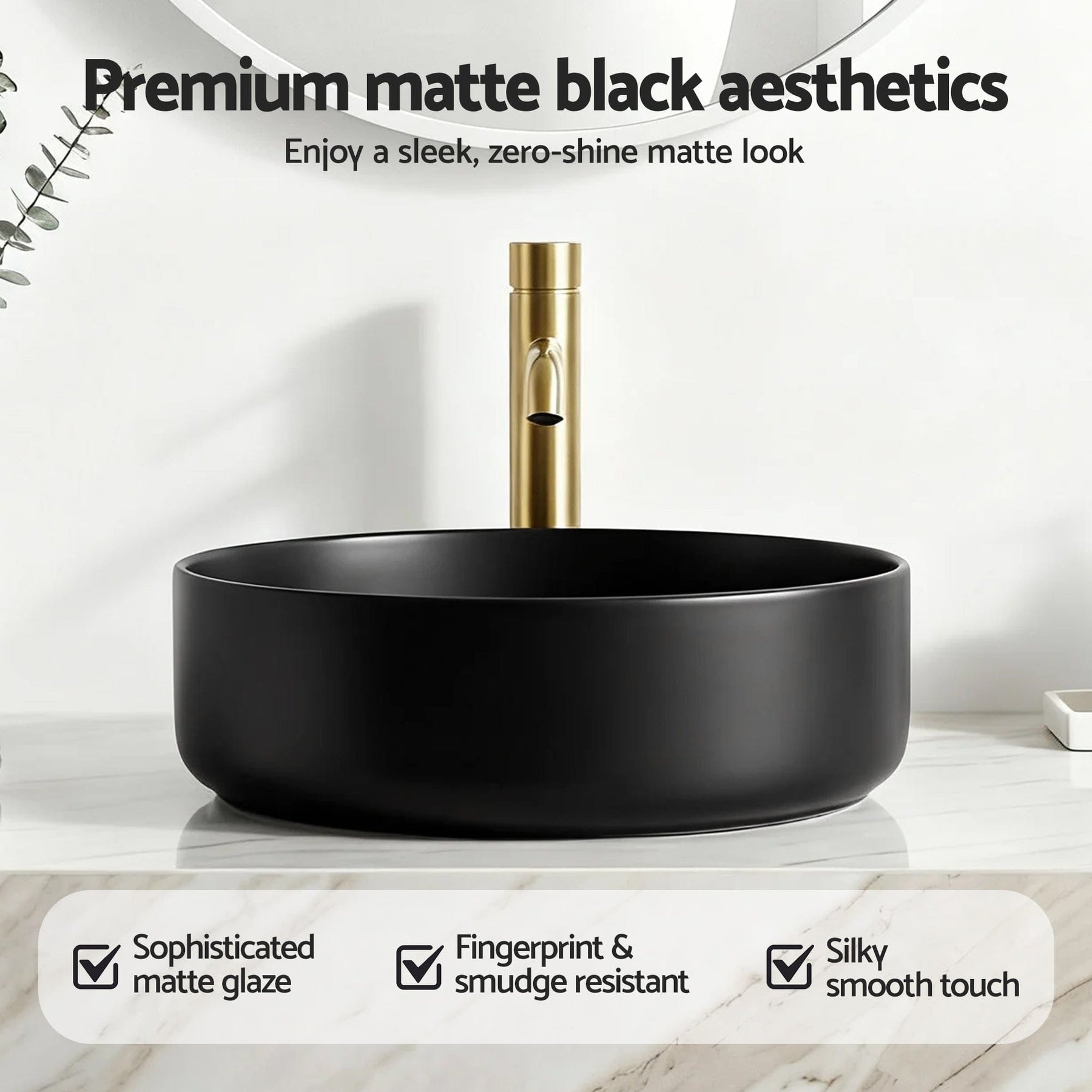 Cefito Bathroom Basin Ceramic Vanity Sink Vessel Bowl Wash Matte Black Round Countertop - SportZone.co.nz