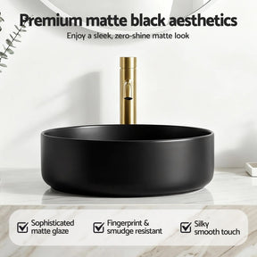 Cefito Bathroom Basin Ceramic Vanity Sink Vessel Bowl Wash Matte Black Round Countertop - SportZone.co.nz