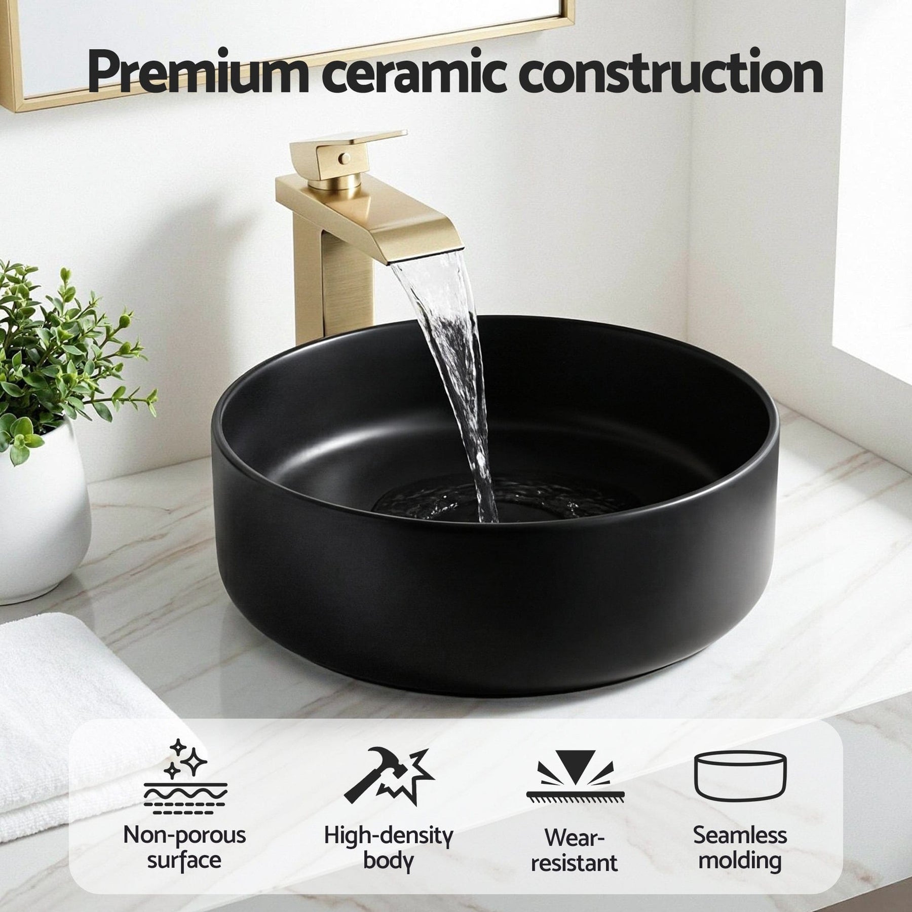 Cefito Bathroom Basin Ceramic Vanity Sink Vessel Bowl Wash Matte Black Round Countertop - SportZone.co.nz