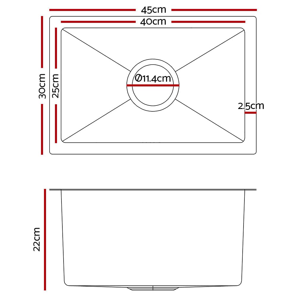 Cefito Kitchen Sink 45X30CM Stainless Steel Basin Single Bowl Black - SportZone.co.nz