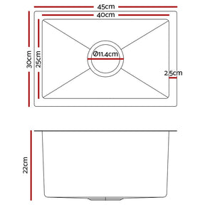 Cefito Kitchen Sink 45X30CM Stainless Steel Basin Single Bowl Black - SportZone.co.nz