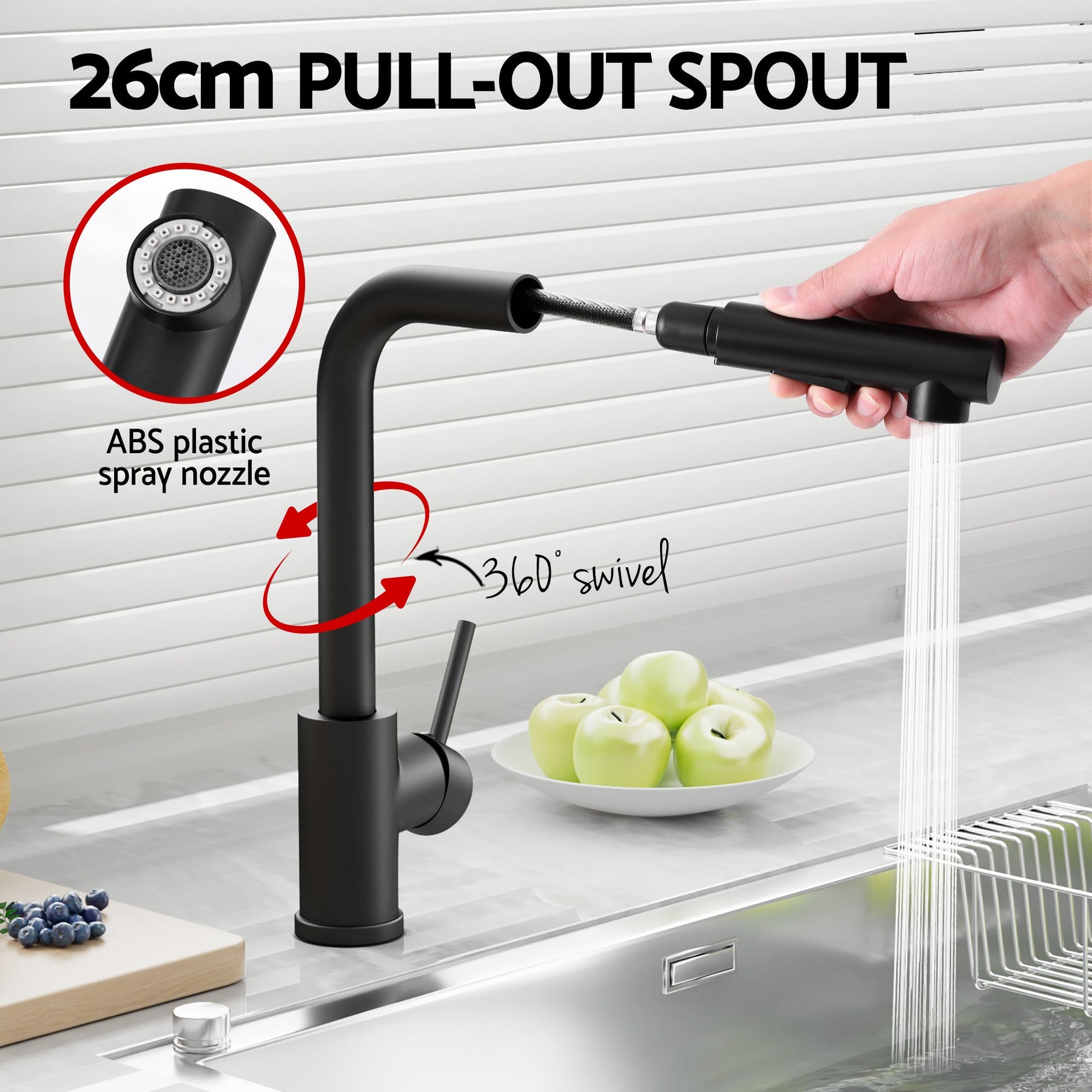 Cefito Stainless Steel Sink 30x45CM With Pull Out Mixer Tap Kitchen Basin Single Bowl Black - SportZone.co.nz