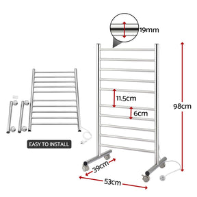 Devanti 10 - Bar Freestanding Heated Towel Rail 3 - 5 Mins Fast Heating Electric Towel Warmer for Bathroom Winter Drying Stainless Steel Plug In 100W - SportZone.co.nz