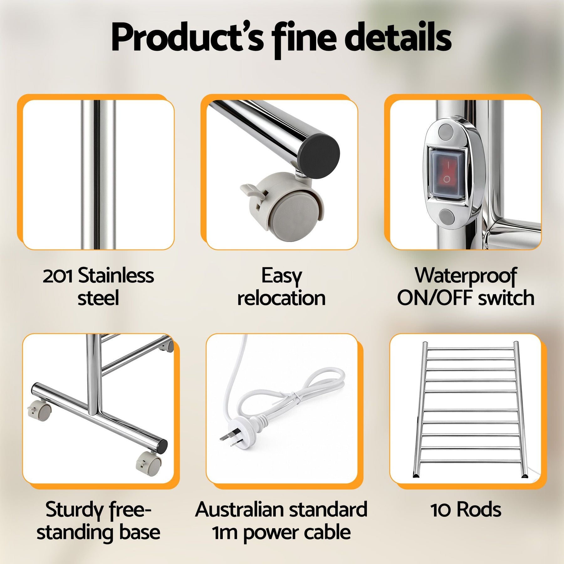 Devanti 10 - Bar Freestanding Heated Towel Rail 3 - 5 Mins Fast Heating Electric Towel Warmer for Bathroom Winter Drying Stainless Steel Plug In 100W - SportZone.co.nz